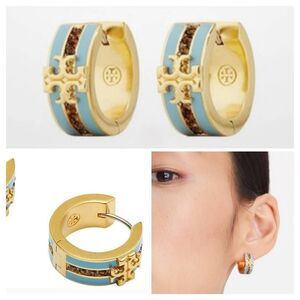 TORY BURCH Kira Blue Enamel Gold Tone Red Pave Huggie Hoop Earrings